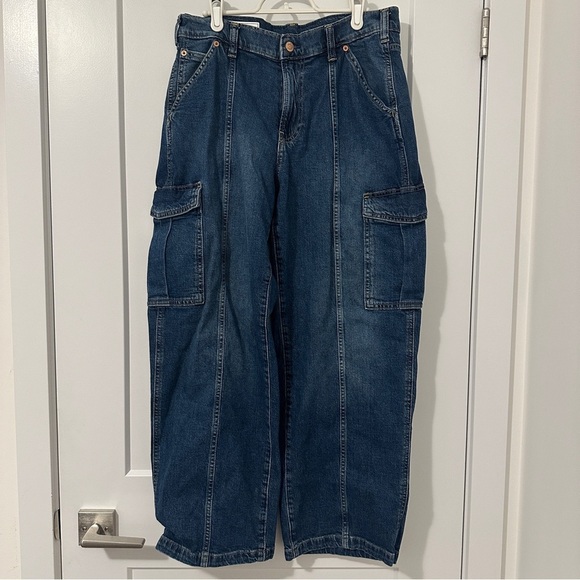 Gap ‘90’s Loose Fit Cargo Mid Rise Blue Denim Jeans Waist 30 Petite Women’s - Picture 1 of 13